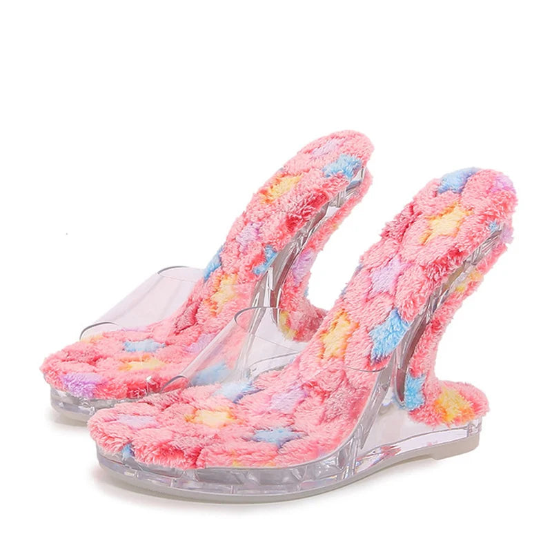 Liyke Transparent PVC Slippers: Women’s Short Plush Insole Sandals