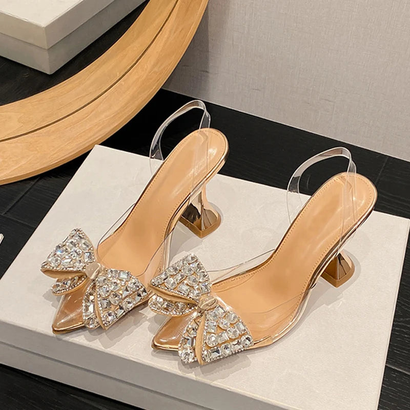 PVC Transparent Women Pumps Crystal Bowknot High Heels Sandal Wedding Prom Shoes