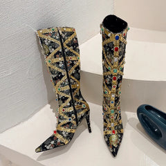 Liyke Runway Fashion Color Gem Knee High Boots – Handcrafted Embroidered Pointed Toe Heels