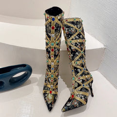 Liyke Runway Fashion Color Gem Knee High Boots – Handcrafted Embroidered Pointed Toe Heels