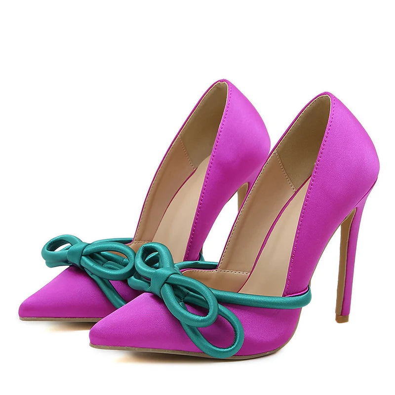 Purple Silk Butterfly-Knot Women’s High Heel Pumps – Runway Style Stiletto Slingback Shoes