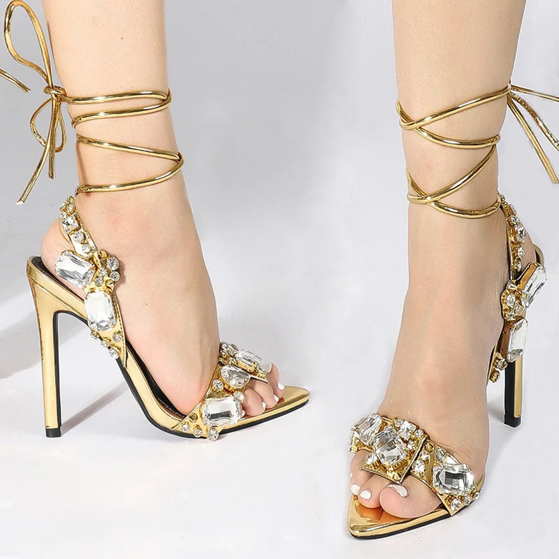 Liyke Sexy Ankle Strap Golded Sandals Crystal Diamond Pointed Toe Wedding Shoe