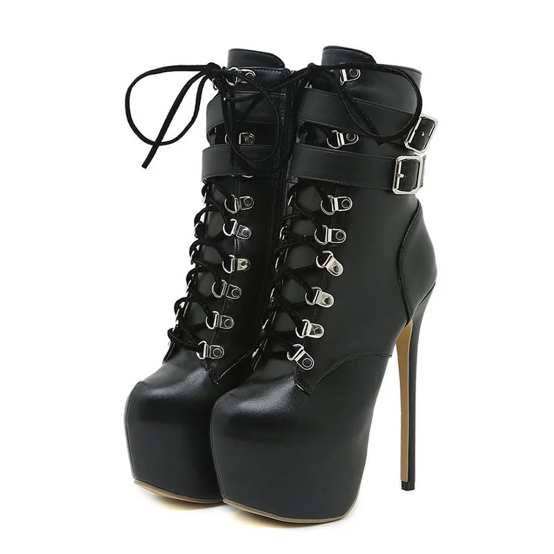 Liyke Sexy Buckle Strap Extreme High Heels Platform Boots – Round Toe Cross Lace Up Party Club Stripper Shoes