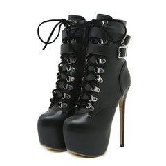 Liyke Sexy Buckle Strap Extreme High Heels Platform Boots – Round Toe Cross Lace Up Party Club Stripper Shoes