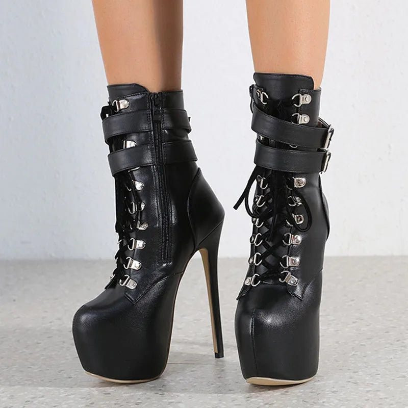 Liyke Sexy Buckle Strap Extreme High Heels Platform Boots – Round Toe Cross Lace Up Party Club Stripper Shoes