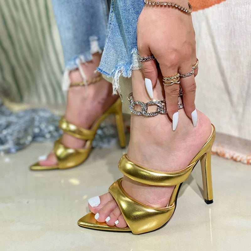 Liyke Sexy Pointed Toe Gold High Heels Women Slippers Cozy PU Leather Summer Party Banquet Shoes Sandalias De Mujer