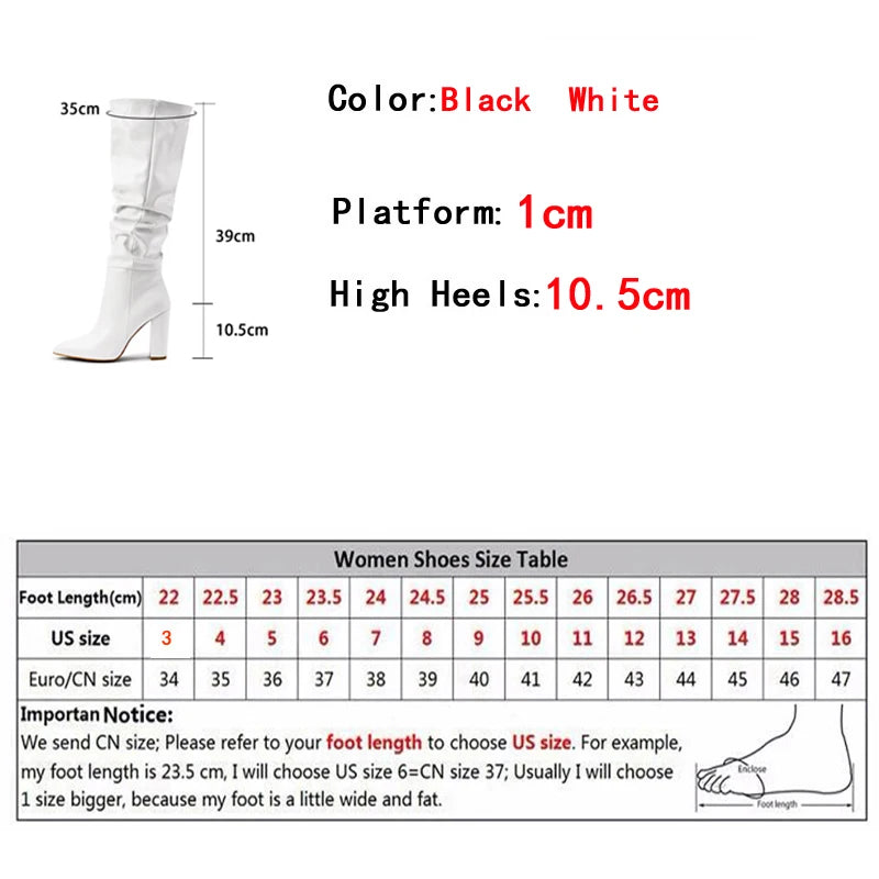 Liyke Sexy Pointed Toe Motorcycle Knee High Boots Women Black Pleated Leather Square High Heels Party Stripper Shoes Booties