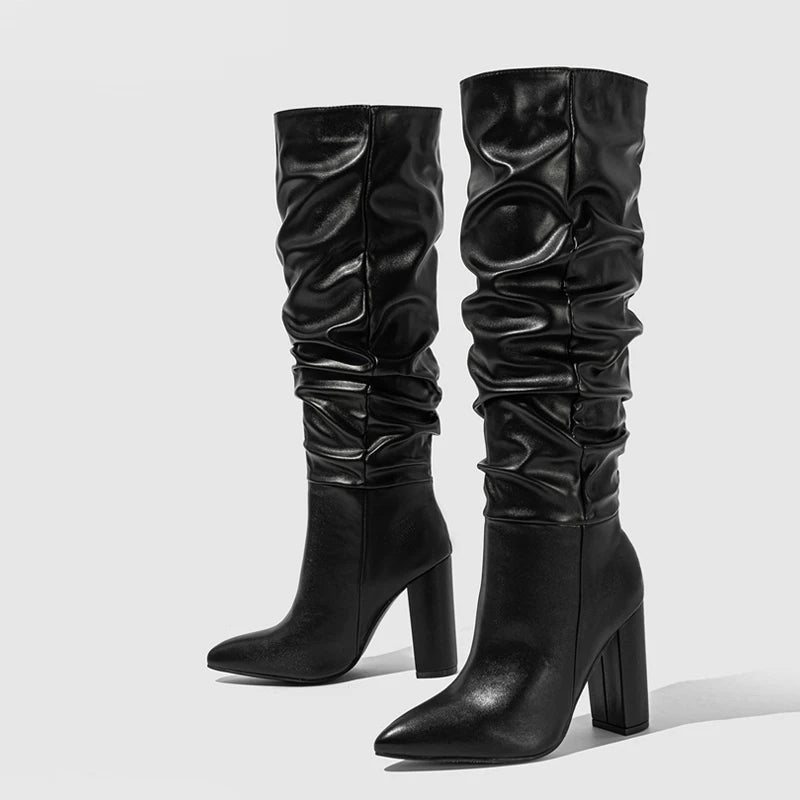 Liyke Sexy Pointed Toe Motorcycle Knee High Boots Women Black Pleated Leather Square High Heels Party Stripper Shoes Booties