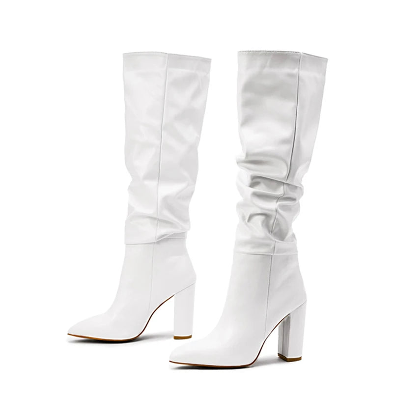 Liyke Sexy Pointed Toe Motorcycle Knee High Boots Women Black Pleated Leather Square High Heels Party Stripper Shoes Booties