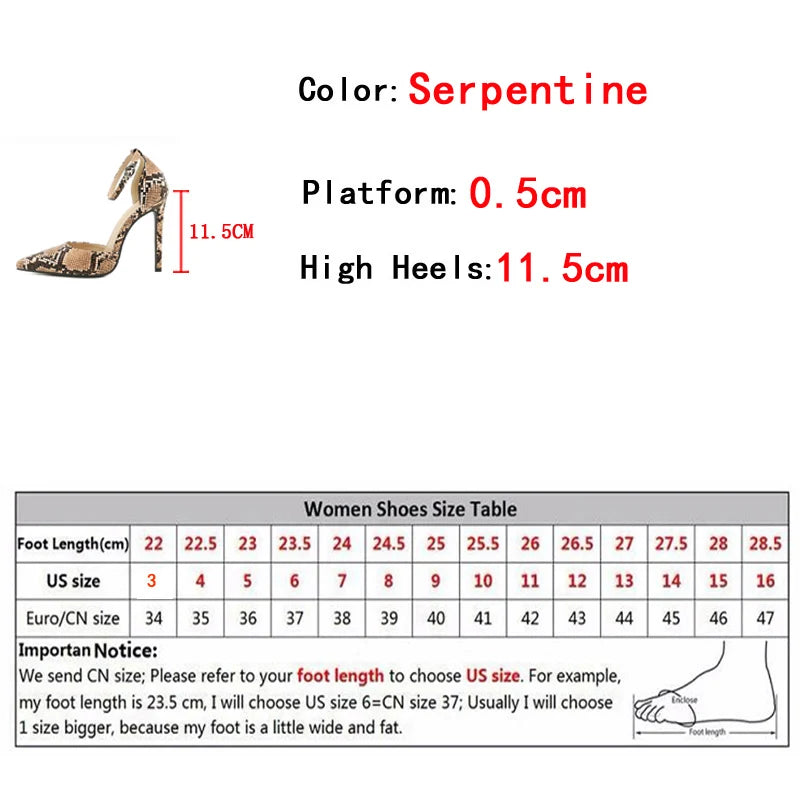 Sexy Snake Print Pointed Toe Stripper Heels Women Pumps Sandals Ankle Buckle Strap Stilettos Party Prom Shoes Lady