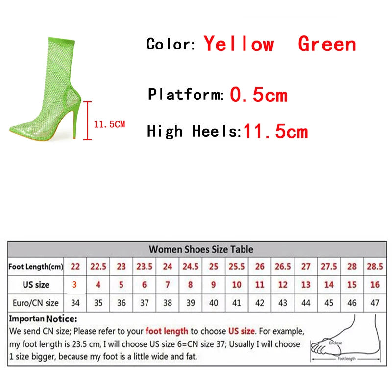 Liyke Sexy Yellow Green Mesh Ankle Boots Women Fashion Crystal Stretch Fabric Socks Shoes Party Nightclub Stripper Heels Pumps