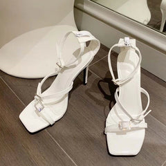 Liyke Silver White Sandals Women Summer 2024 Fashion Square Open Toe Stiletto