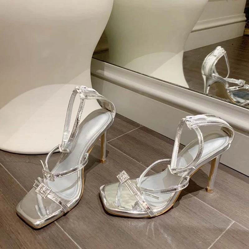 Liyke Silver White Sandals Women Summer 2024 Fashion Square Open Toe Stiletto