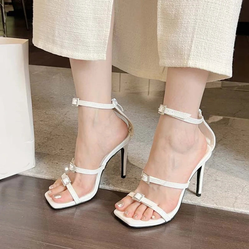 Liyke Silver White Sandals Women Summer 2024 Fashion Square Open Toe Stiletto