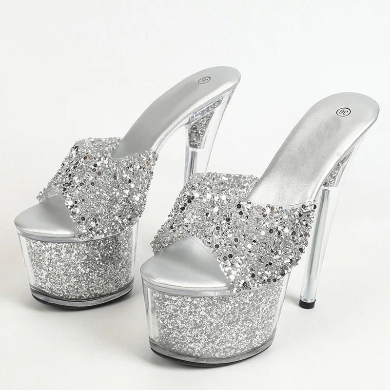 Liyke Size 34-43 Sexy 20CM Women Shoes Platform Slippers Fashion Sequined Transparent Sandals