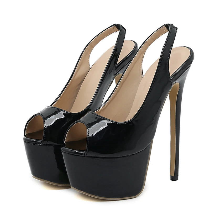 Liyke Black High Heels – Sexy 16CM Women Shoes, Size 35-42, Patent Leather Peep Toe Platform Pumps