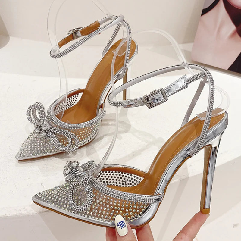 Liyke Size 42 Crystal Transparent Sexy High Heels with Bowknot – Women’s Ankle Strap Sandals