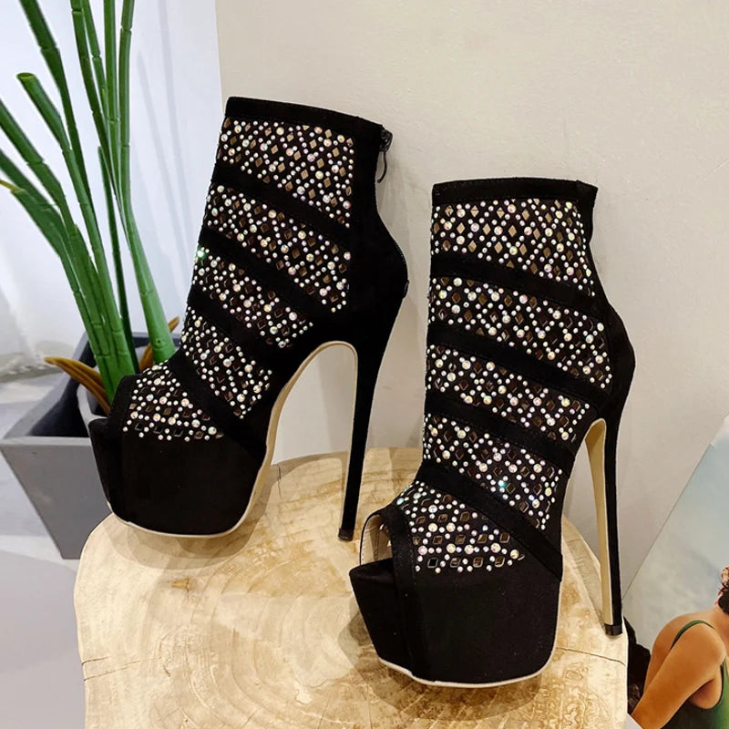 Liyke Rhinestone Mesh Ankle Boots – Spring Autumn Hollow Out High Heels