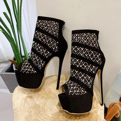 Liyke Rhinestone Mesh Ankle Boots – Spring Autumn Hollow Out High Heels