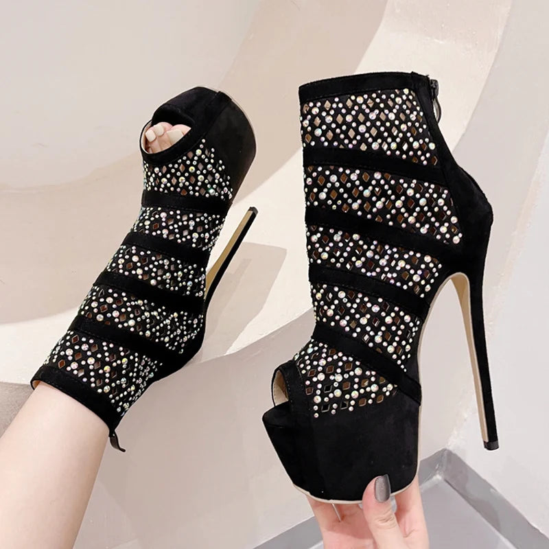 Liyke Rhinestone Mesh Ankle Boots – Spring Autumn Hollow Out High Heels