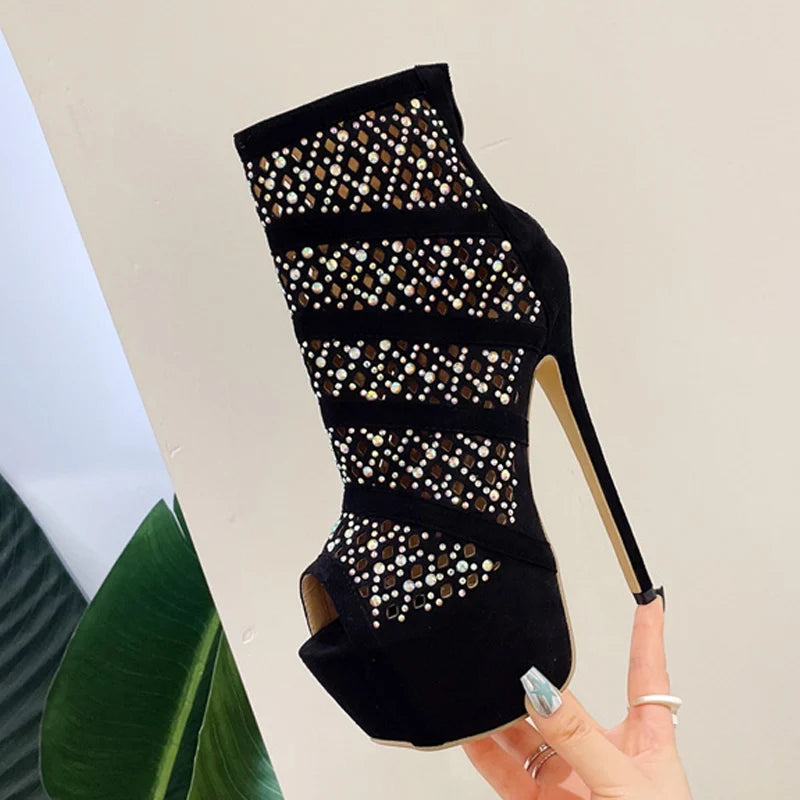 Liyke Rhinestone Mesh Ankle Boots – Spring Autumn Hollow Out High Heels