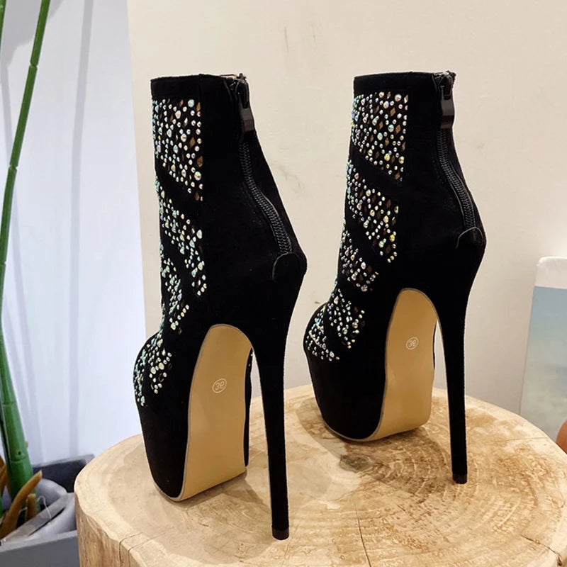 Liyke Rhinestone Mesh Ankle Boots – Spring Autumn Hollow Out High Heels