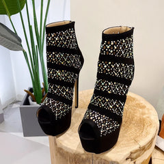 Liyke Rhinestone Mesh Ankle Boots – Spring Autumn Hollow Out High Heels