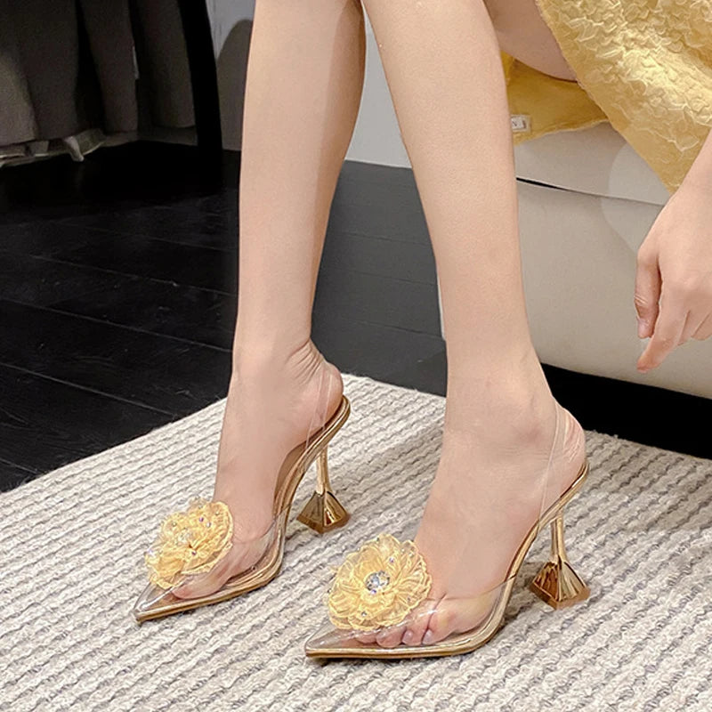 Spring Fashion Crystal Flower Designer Sandals Women Pumps PVC Transparent High Heels Pointed Toe Party Dress Shoes – Floral Clear Heeled Sandals