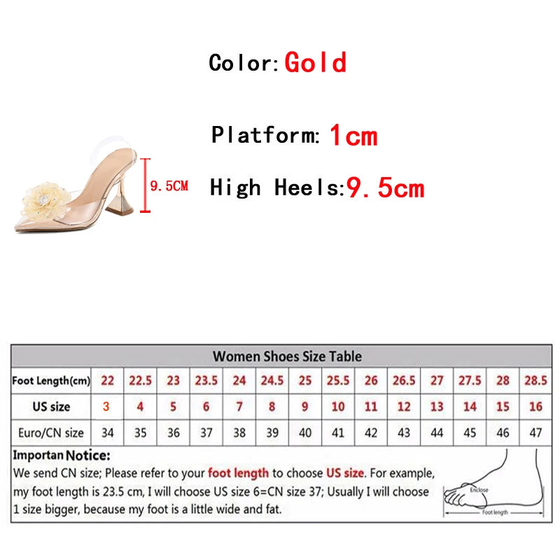 Spring Fashion Crystal Flower Designer Sandals Women Pumps PVC Transparent High Heels Pointed Toe Party Dress Shoes – Floral Clear Heeled Sandals