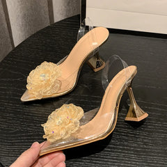 Spring Fashion Crystal Flower Designer Sandals Women Pumps PVC Transparent High Heels Pointed Toe Party Dress Shoes – Floral Clear Heeled Sandals