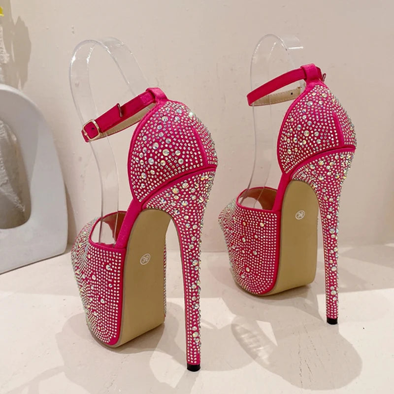 Liyke Summer Fashion Crystal Rhinestone Silk Platform Sandals Women Peep Toe Stripper Heels Wedding Banquet Shoes Pumps