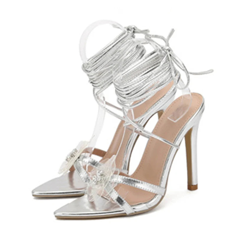 Liyke Purple Crystal Flower Strappy Heels – Women’s Summer Sandal