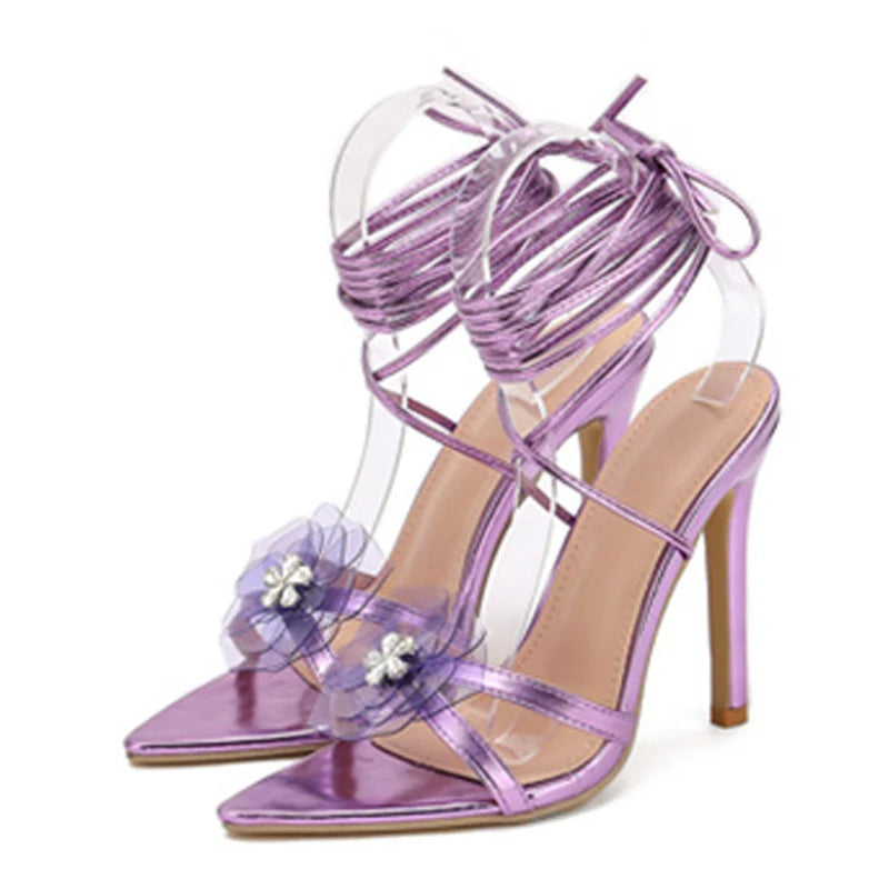 Liyke Purple Crystal Flower Strappy Heels – Women’s Summer Sandal