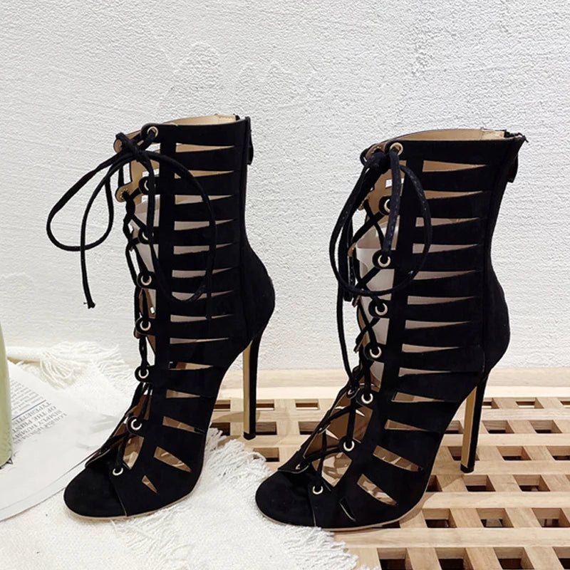 Liyke Summer Fashion Hollow Out Cross Tied Women Ankle Boots Sandals Gladiator Peep Toe Zip Thin High Heels Ladies Shoes Black