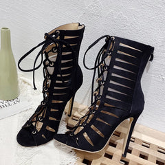 Liyke Summer Fashion Hollow Out Cross Tied Women Ankle Boots Sandals Gladiator Peep Toe Zip Thin High Heels Ladies Shoes Black