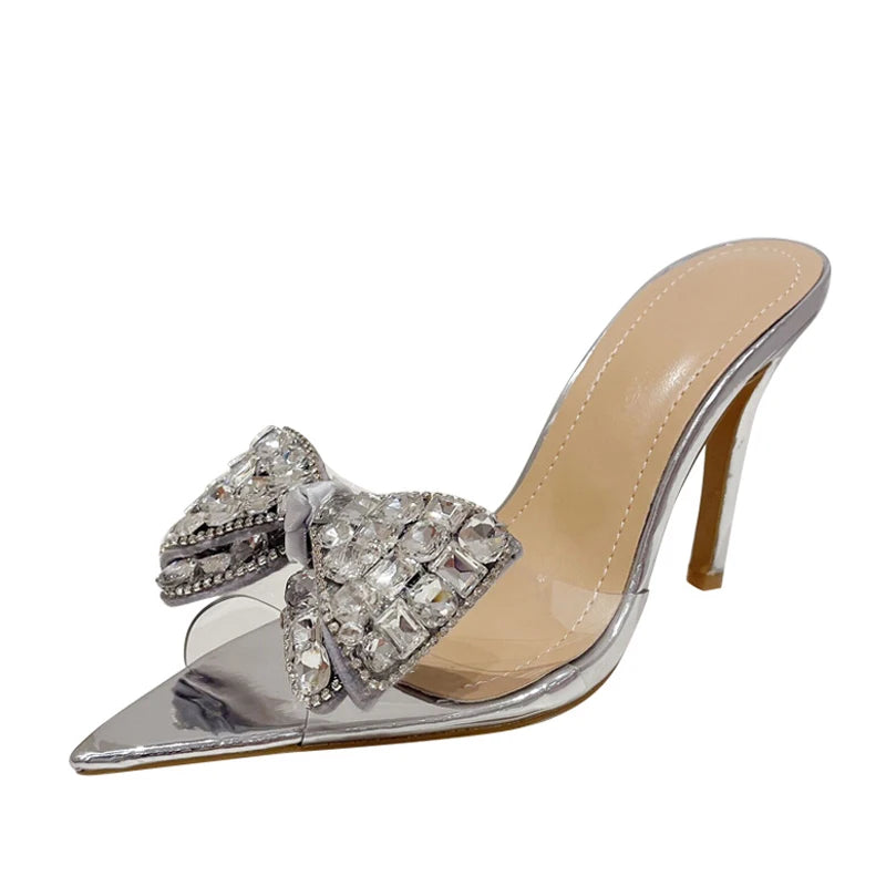 Liyke Summer Golden Silver High Heels Slippers – Crystal Bowknot Pointed Toe Dress Shoes