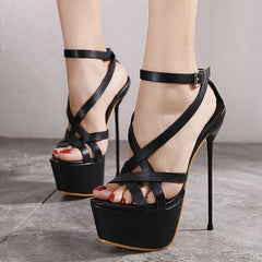 Liyke Summer Sexy 17CM Women Platform Sandals – Open Toe Buckle Strap High Heels – Black