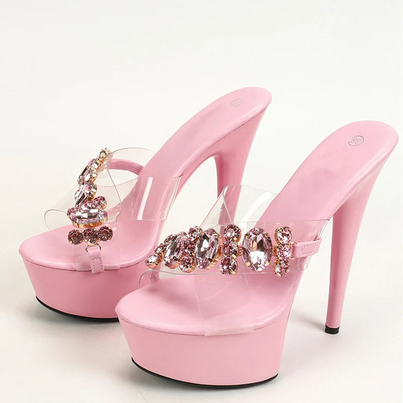 Summer Pink Diamond Chain Platform Stripper Heels Transparent Sandal Women’s Sandal