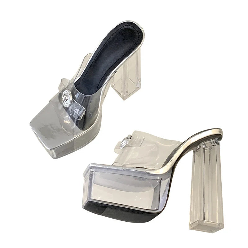 Liyke Transparent Chunky High Heels: Modern Slippers with Metal Buckle, Square Toe, and Platform for Women