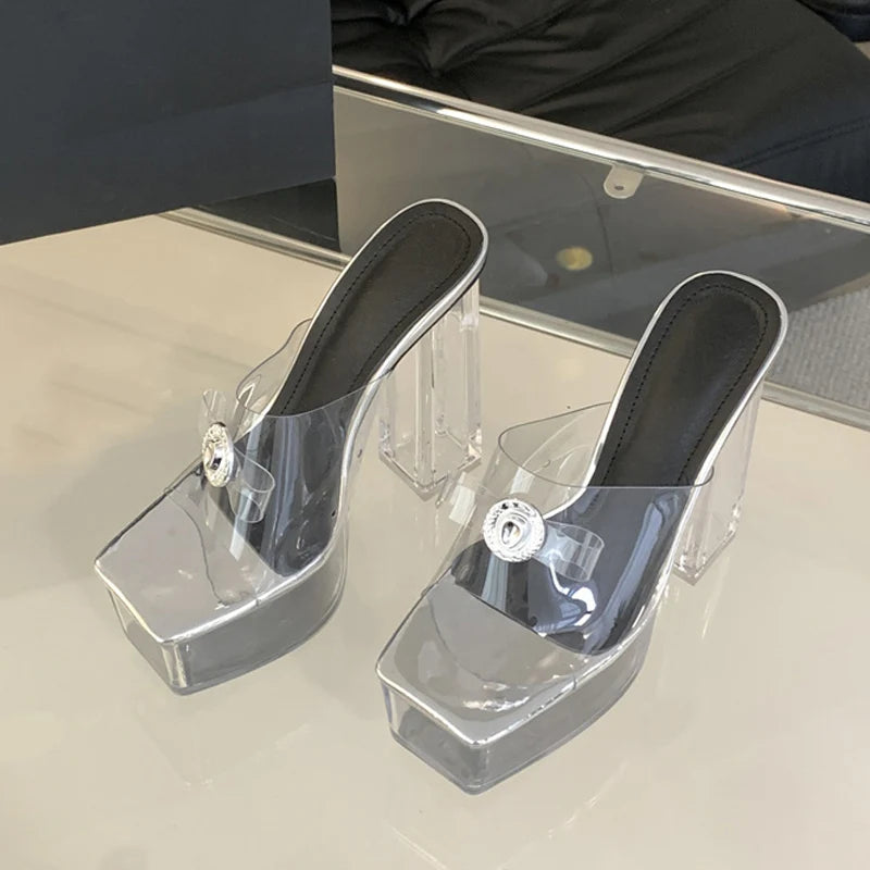 Liyke Transparent Chunky High Heels: Modern Slippers with Metal Buckle, Square Toe, and Platform for Women