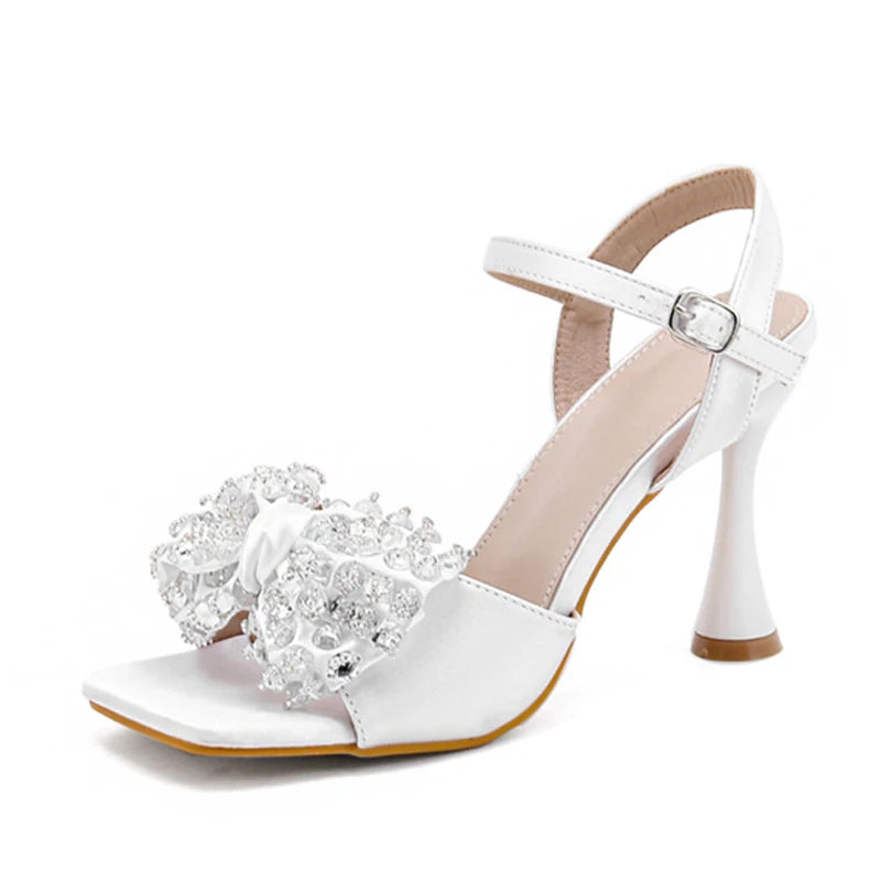 Liyke White Sandals: 9CM Gladiator High Heels with Crystal Bowknot for Women – Square Toe Party Dress Shoes