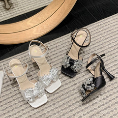 Liyke White Sandals: 9CM Gladiator High Heels with Crystal Bowknot for Women – Square Toe Party Dress Shoes