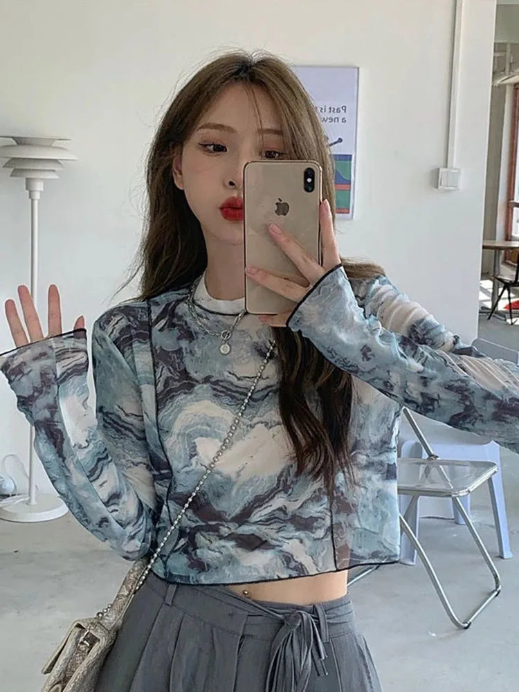 Long Sleeve T-shirts Women Tie-dye Printed Summer Sun-proof Cropped Tops Fashion High Street Gauze Korean Style Chic Teens Retro