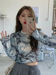 Long Sleeve T-shirts Women Tie-dye Printed Summer Sun-proof Cropped Tops Fashion High Street Gauze Korean Style Chic Teens Retro