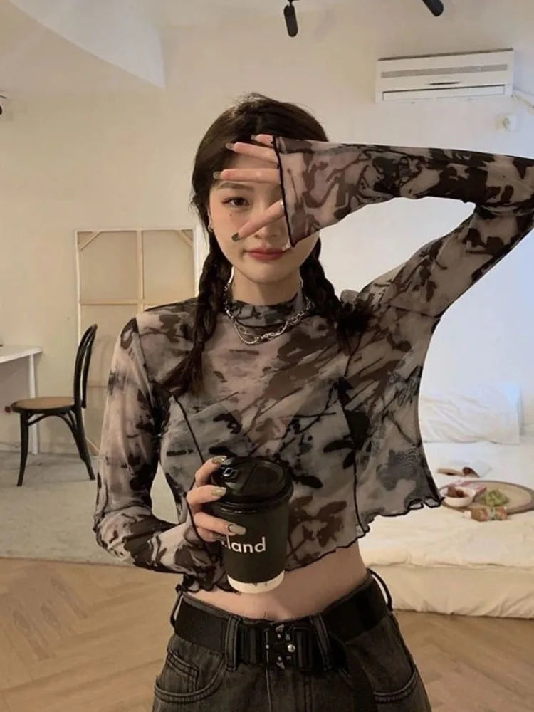 Long Sleeve T-shirts Women Tie-dye Printed Summer Sun-proof Cropped Tops Fashion High Street Gauze Korean Style Chic Teens Retro