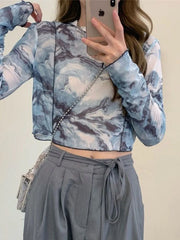 Long Sleeve T-shirts Women Tie-dye Printed Summer Sun-proof Cropped Tops Fashion High Street Gauze Korean Style Chic Teens Retro