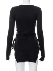 Mall Gothic Drawstring Bodycon Women Mini Dresses Y2k Punk Black Split Sexy Long Sleeve Dress Grunge Basic Partywear