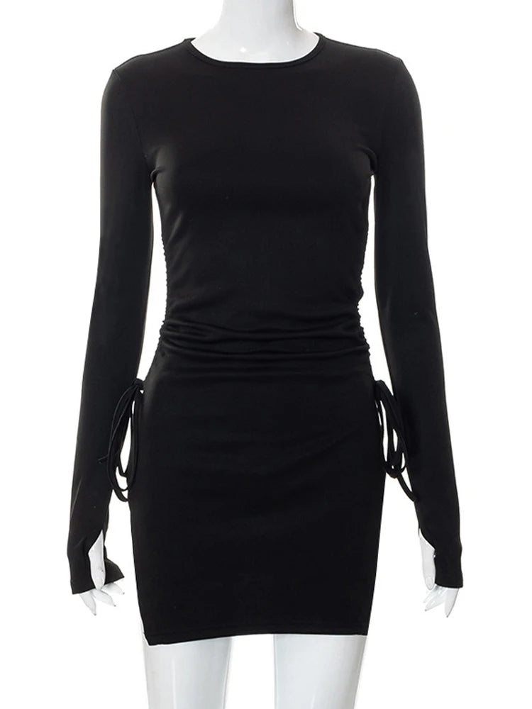 Mall Gothic Drawstring Bodycon Women Mini Dresses Y2k Punk Black Split Sexy Long Sleeve Dress Grunge Basic Partywear