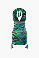 Mattey Green Printed Tie Ruched Halter Bodycon Mini Dress