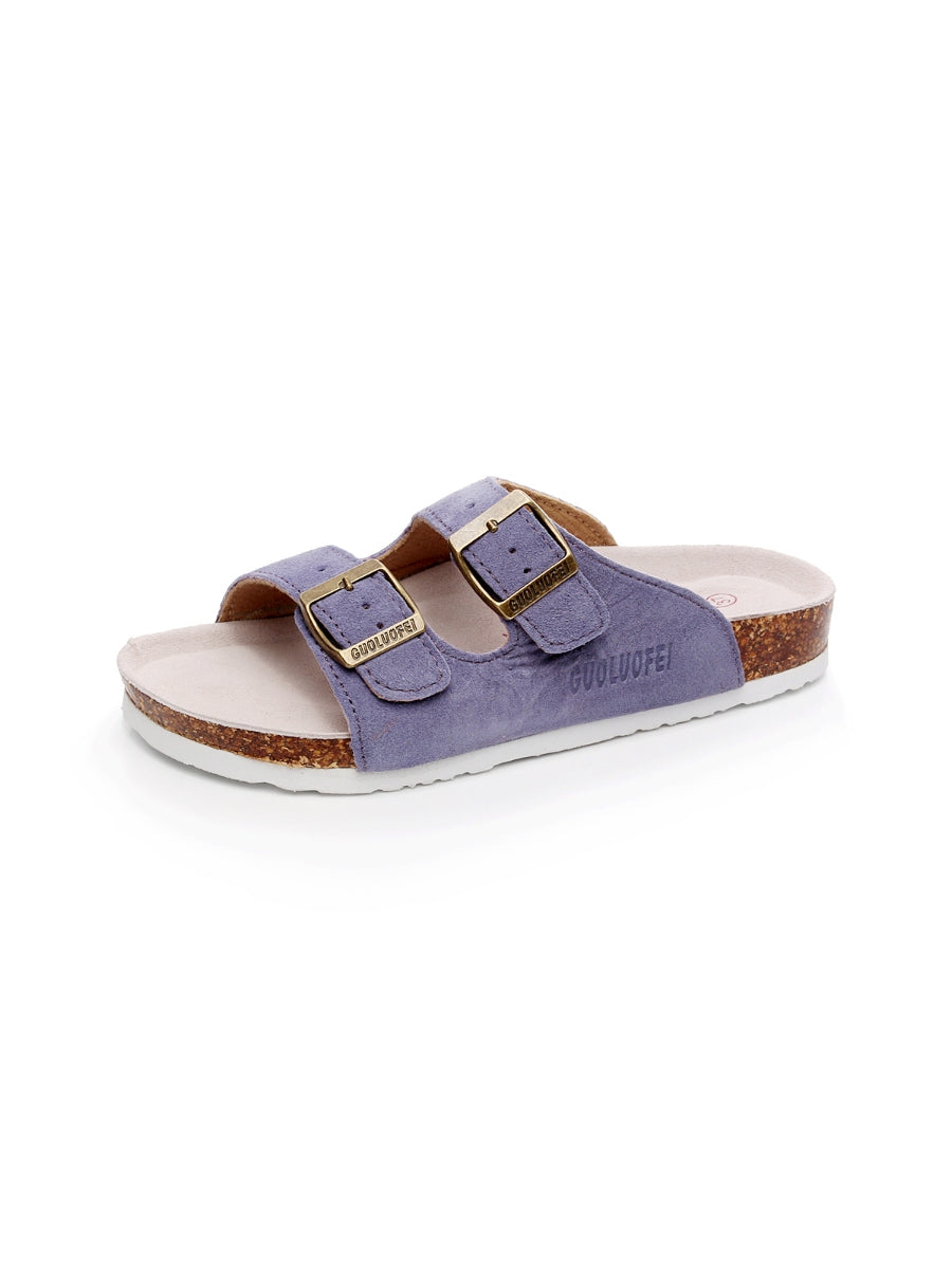 Maibulun | Mauve Double-Buckle Wide-Strap Suede Leather Sandals